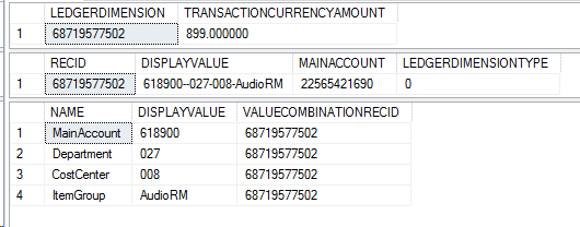 Screenshot of SQL query and results showing a merged default account and default dimension.