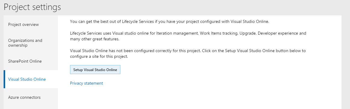 Screenshot of Lifecycle Services Project Settings Visual Studio Codespaces.