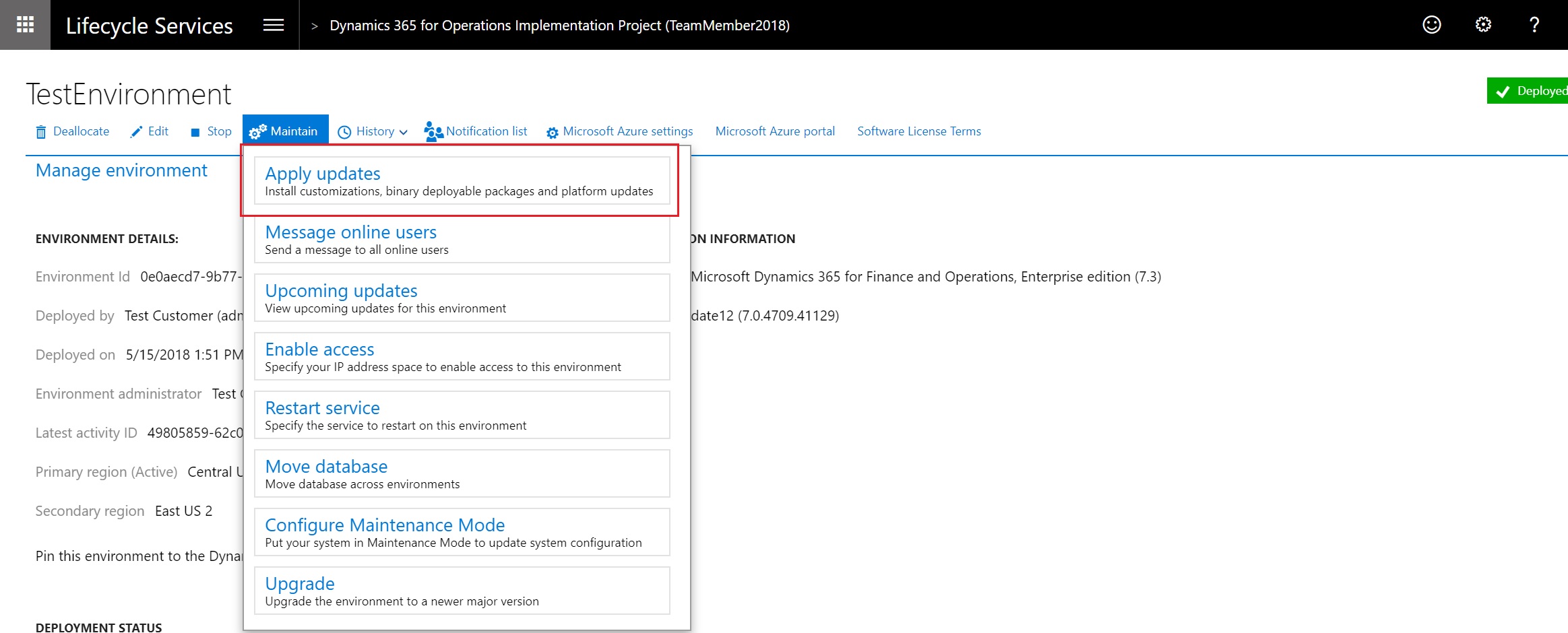 Screenshot of the Apply updates command on the Maintain menu in Lifecycle Services.