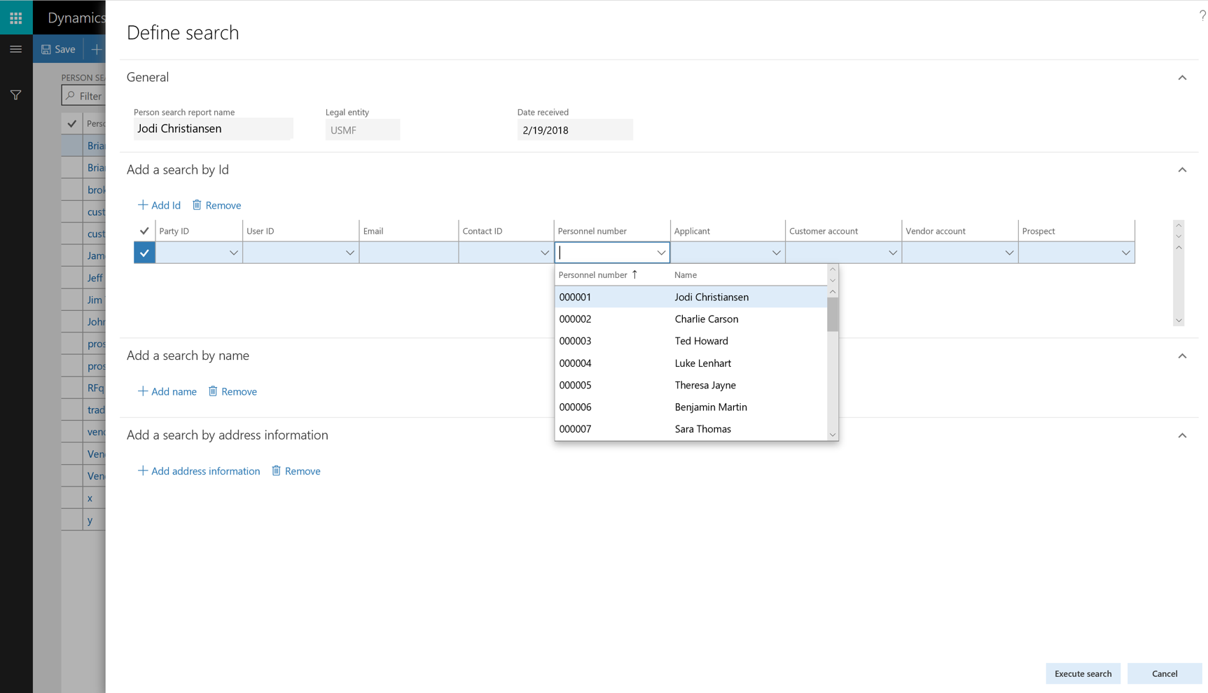 Screenshot of the define search options.