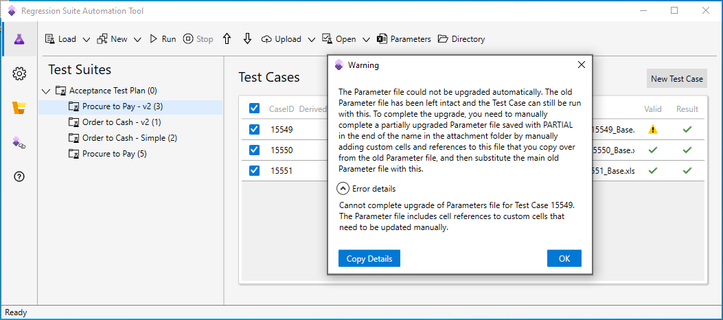 Screenshot of Warning message box for a failed upgrade.