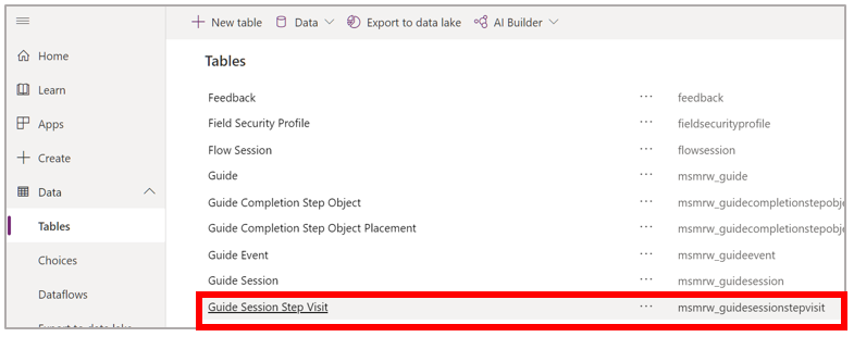 Liste over tabeller med tabellen Guide Session Step Visit valgt.