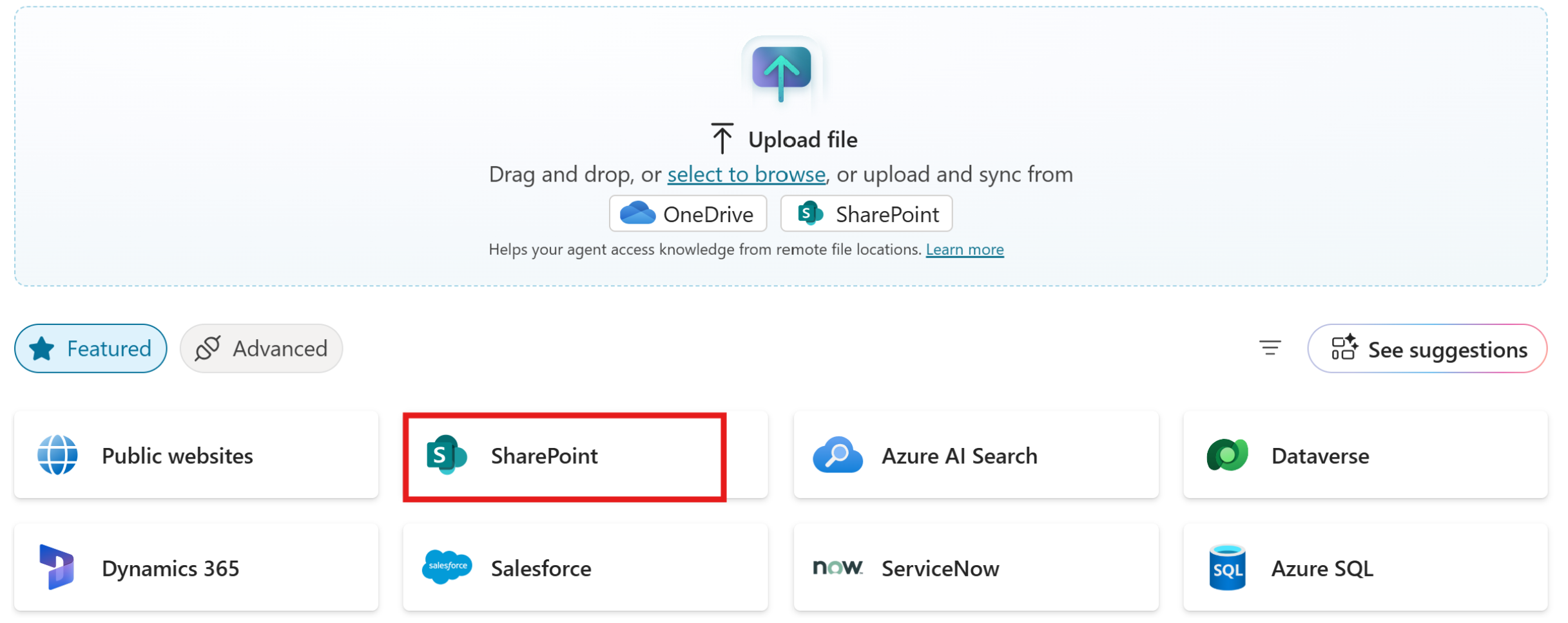 Skærmbillede, der viser den korrekte SharePoint-indstilling, der skal vælges i Copilot Studio.