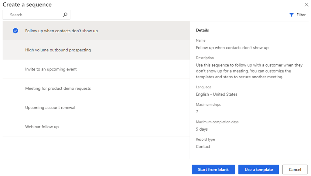 Skærmbillede af valg af en indstilling for at oprette en sekvens i Dynamics 365 Sales.