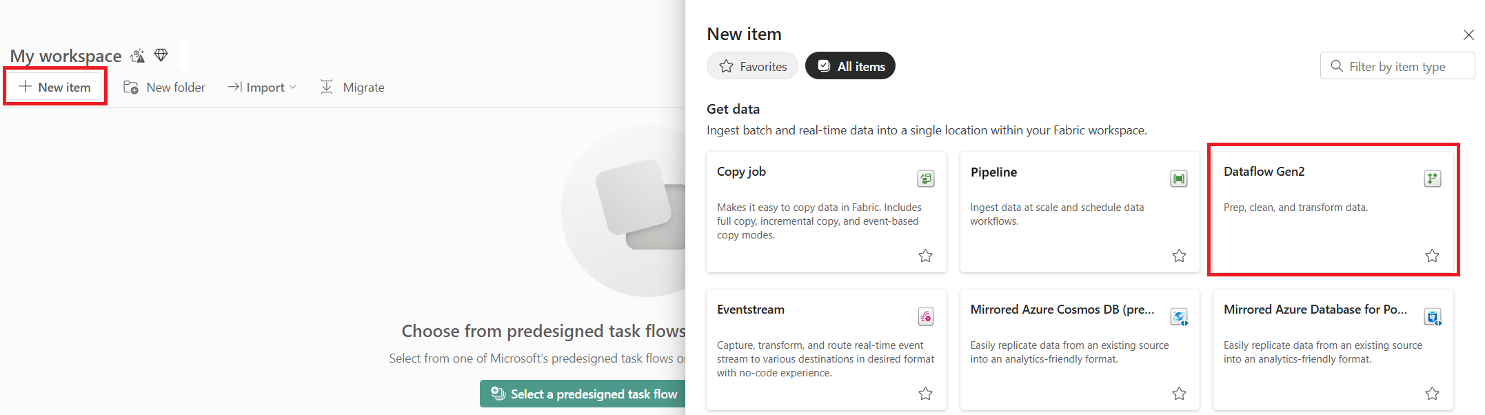 Skærmbillede med valget Dataflow Gen2 fremhævet.