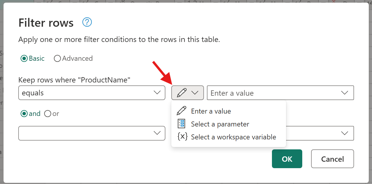 Skærmbillede af input-widgetten i en filter-række-dialog, der viser de mange tilgængelige muligheder for input.