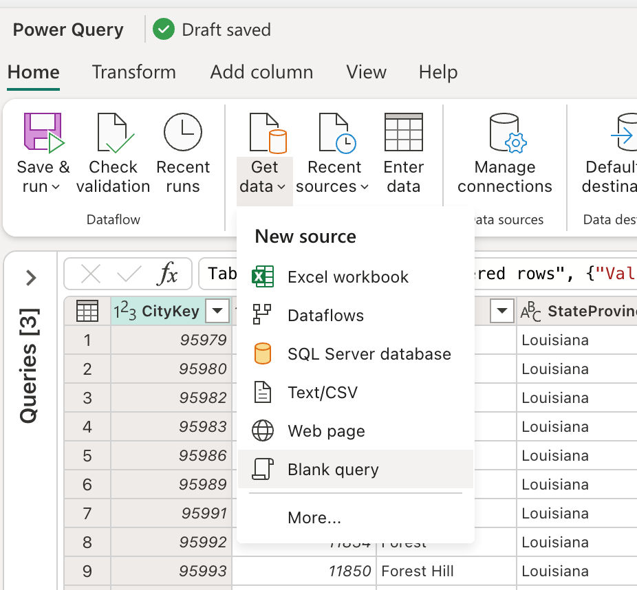 Skærmbillede af posten i Hent data under fanen Hjem for at oprette en tom forespørgsel.