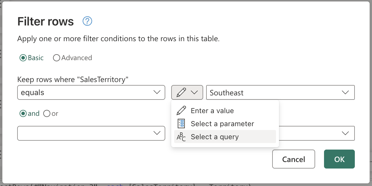 Skærmbillede af inputwidgeten i dialogboksen for filterrækker med mulighed for at referere til en forespørgsel.