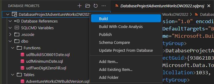 Skærmbillede fra Visual Studio Code, der viser muligheden for at bygge databaseprojektet.