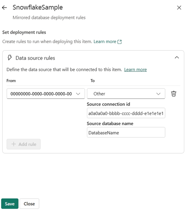 Skærmbillede af konfiguration af en datakilderegel for kildedatabaseforbindelsen.