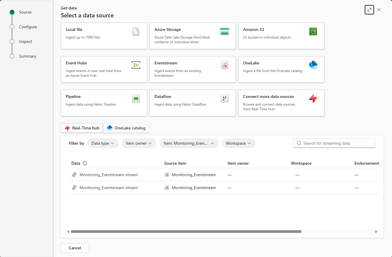 Skærmbillede af de tilgængelige datatyper i hent dataoplevelsen i Eventhouses i Real-Time Intelligence.