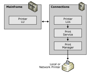 prn01 Image that shows connections between mainframe printing and local printer.