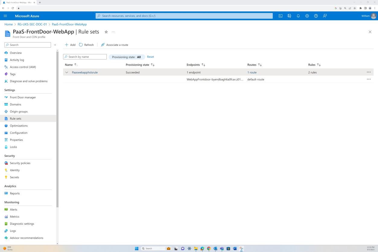 Azure front door configuration settings rule sets overview page.