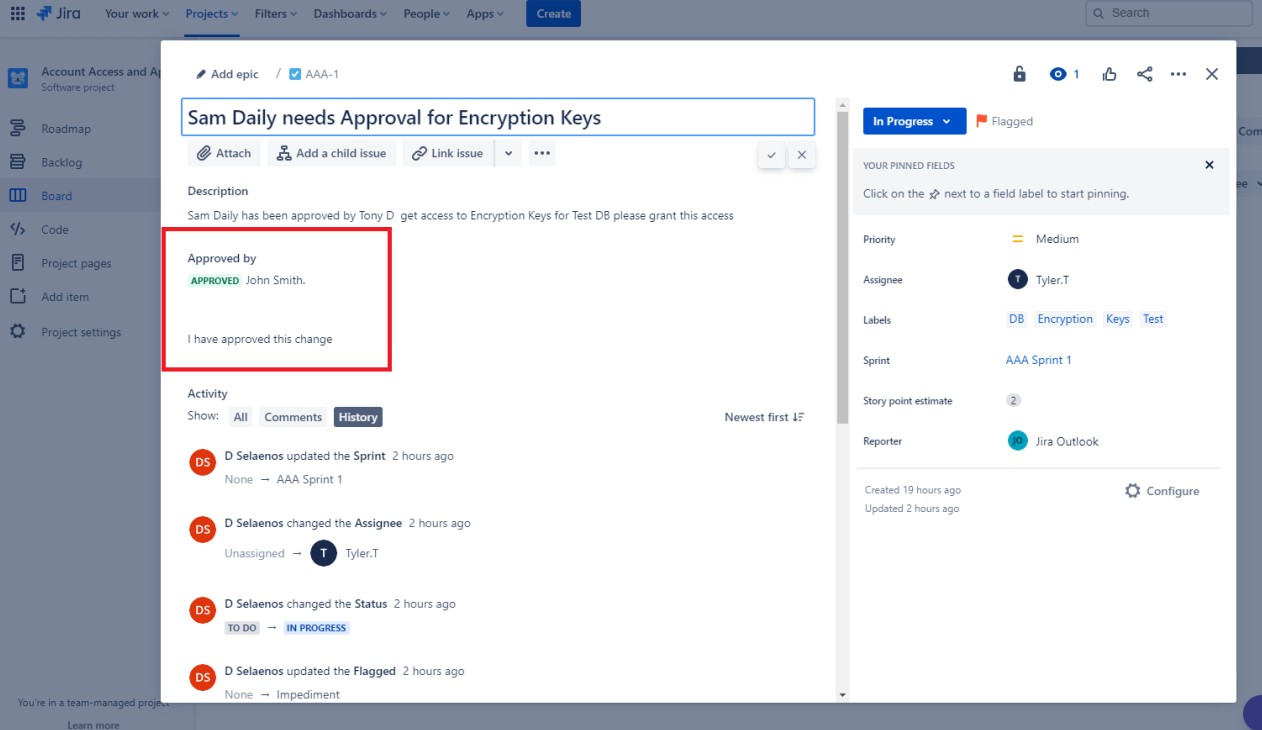 Jira approval ticket with approved by highlighted.