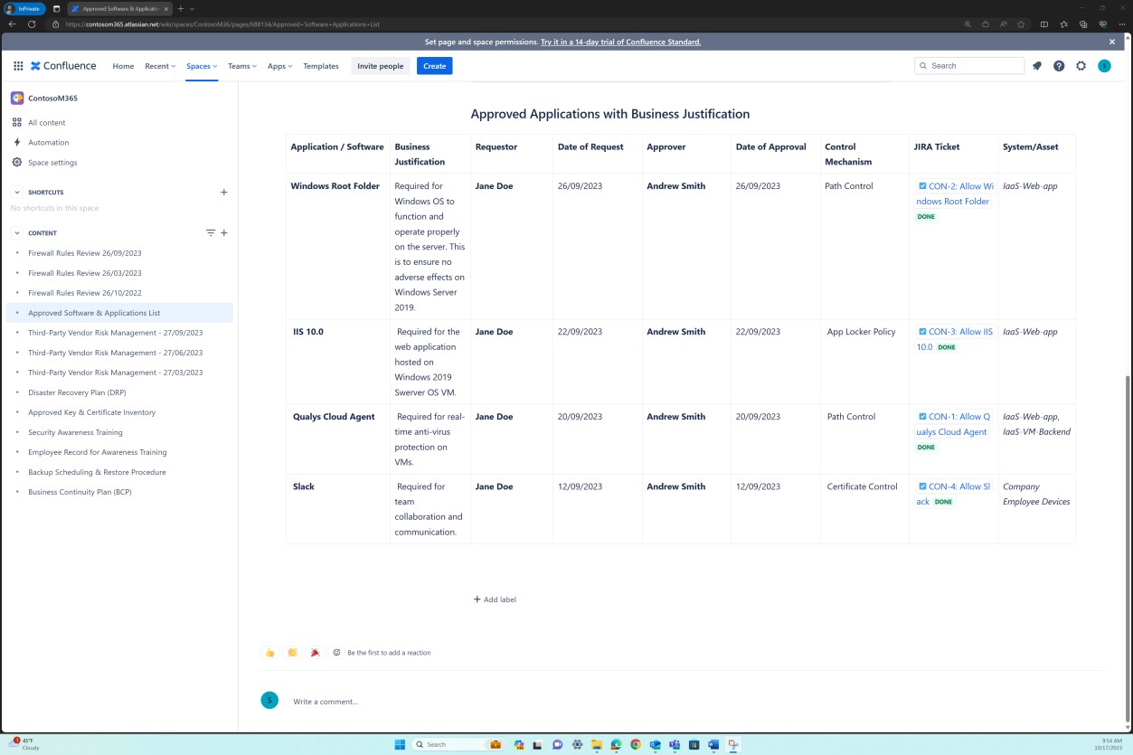 A dashboard showing details for approved software and applications page 2 with business justification.