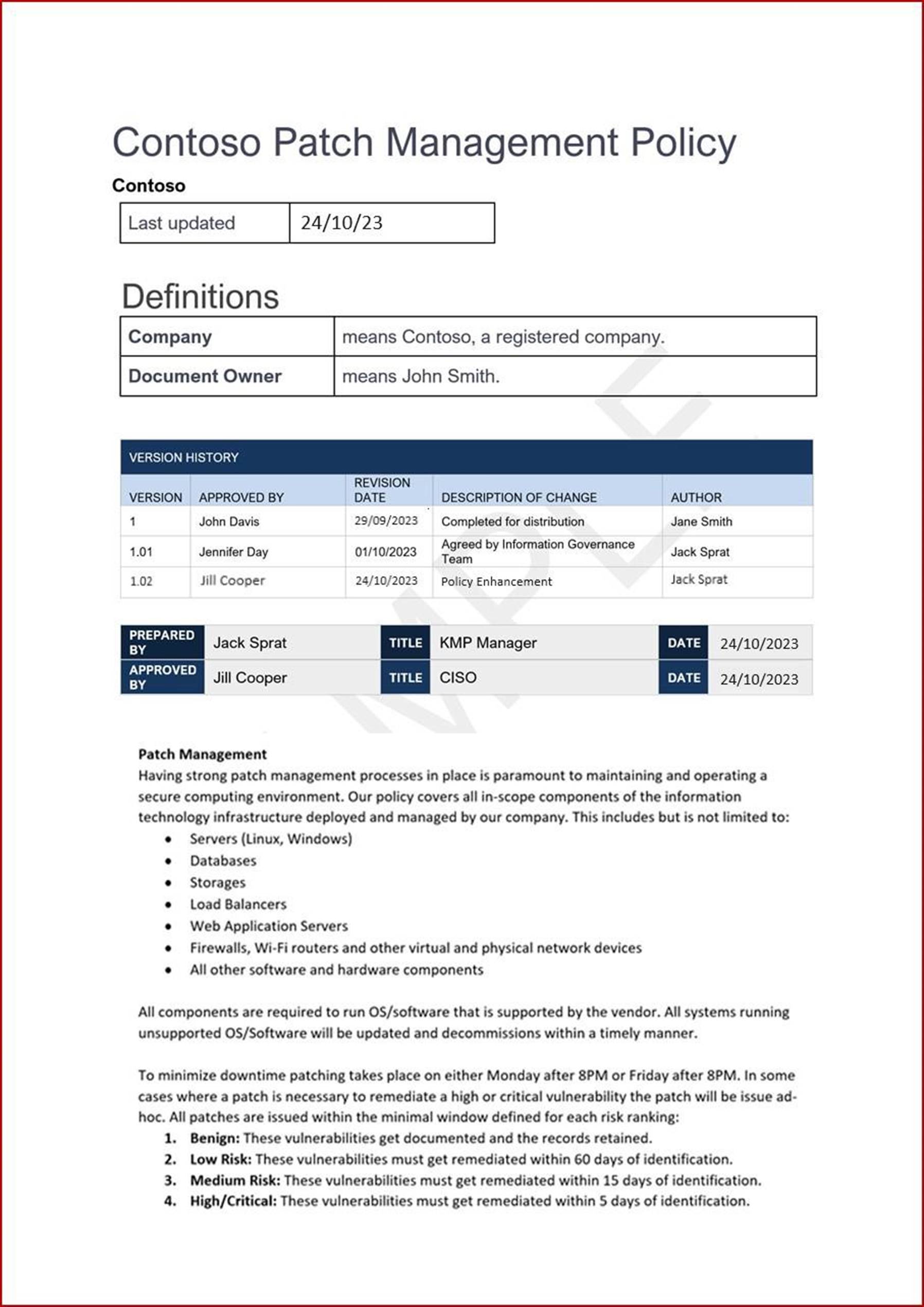 Contoso patch management policy header with version history, definitions, and patch management overview.