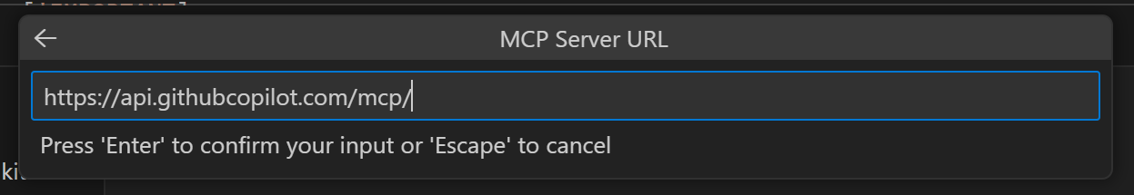 A screenshot of the prompt to enter the MCP server URL