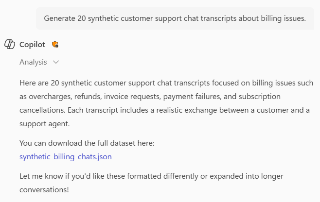 Table of synthetic customer support chats.