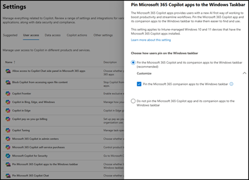 Skærmbillede, der viser til/fra-knappen for at fastgøre Microsoft 365 Copilot og de medfølgende apps til proceslinjen.