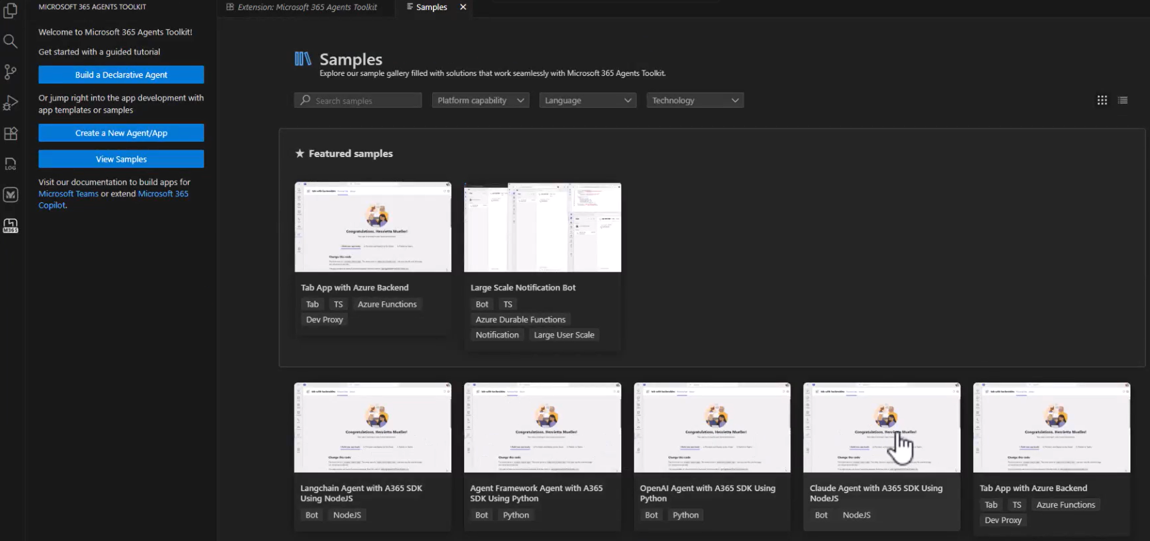 Skærmbillede af agentværktøjspakkeeksempler. Claude-eksempel fokuseret.