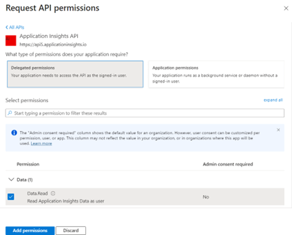 Skærmbillede af visningen Anmodnings-API-tilladelser i Microsoft Azure-portalen.
