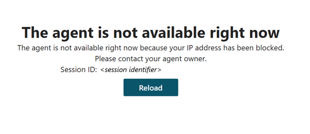 Skærmbillede af en meddelelse, hvor der står, at agenten ikke er tilgængelig, fordi din IP-adresse er blokeret.
