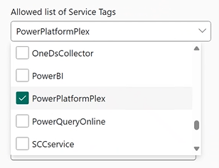 Skærmbillede af menuen til valg af tjenestemærke, når du konfigurerer en Firewall til Power Platform.