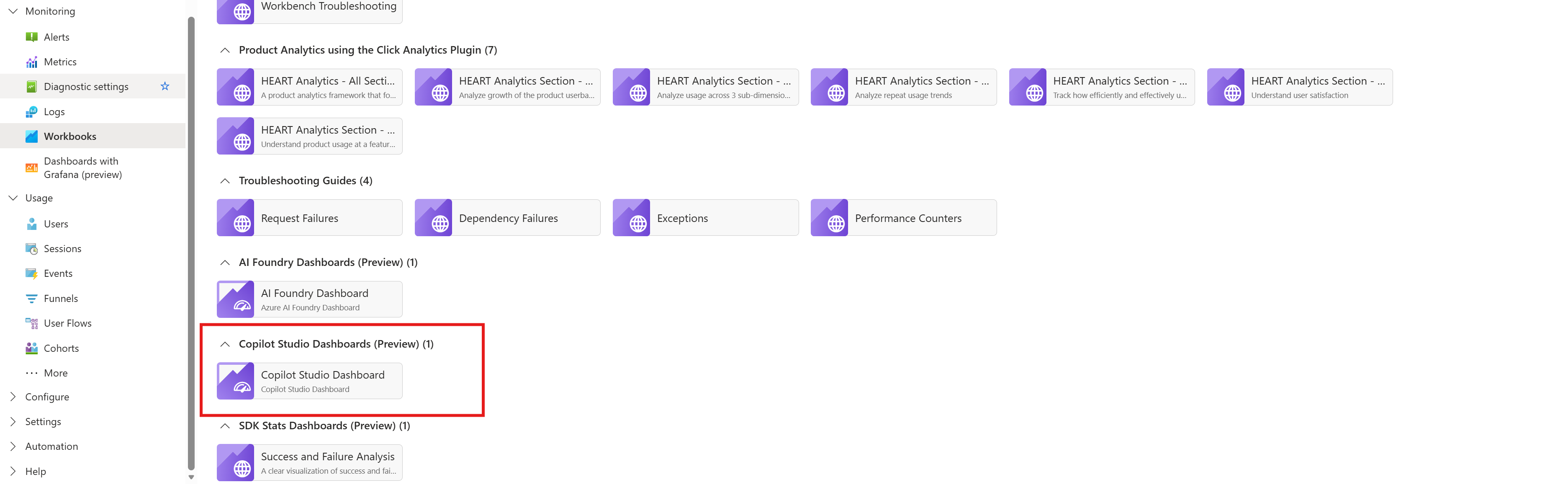 Skærmbillede af galleriet med Application Insights-projektmapper.