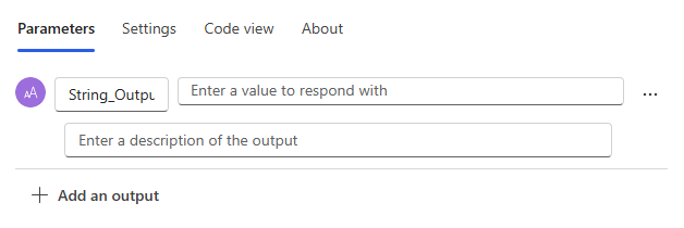 Skærmbillede af outputparameteren til svarhandlingen.
