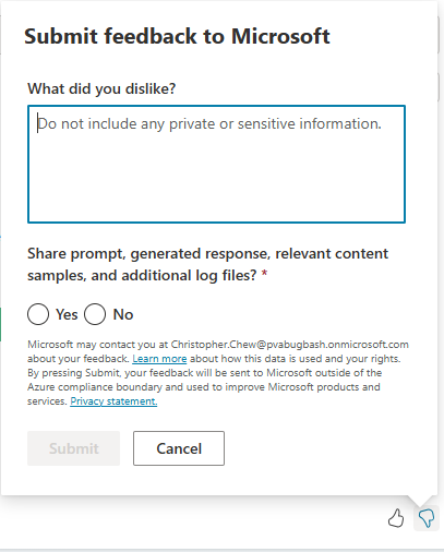 Skærmbillede af panelet Send feedback til Microsoft.