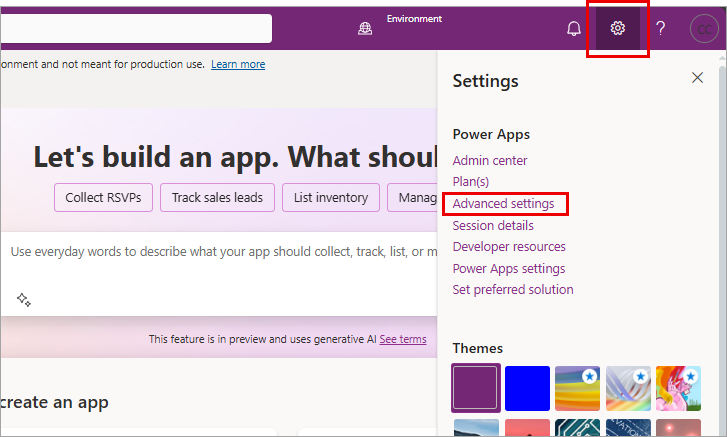Skærmbilledet af menuen indstillinger for Power Apps med Avancerede indstillinger fremhævet.