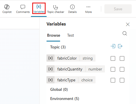 Skærmbillede af panelet Variabler, hvor knappen Variabler er fremhævet.
