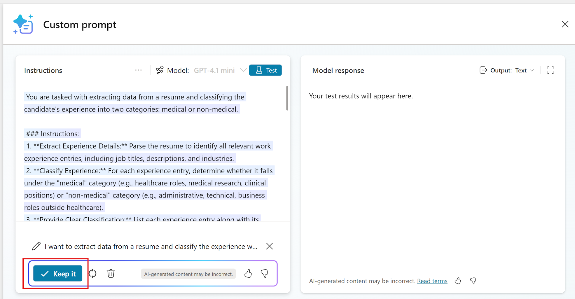 Skærmbillede af en prompt foreslået af Copilot og knappen 'Bevar den'.