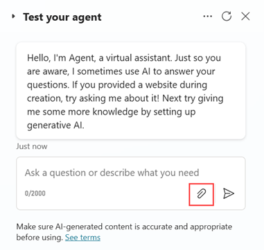 Skærmbillede af ruden Test din agent, der fremhæver papirclipsikonet, der bruges til at uploade billeder.