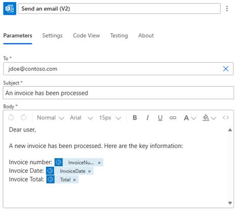 Skærmbillede af en brødtekst i en mail, der viser JSON-felter.
