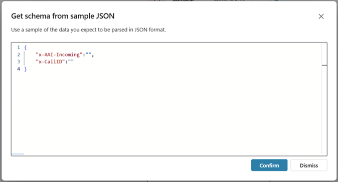 Skærmbillede af en eksempel på en JSON-skema-dialogboks.