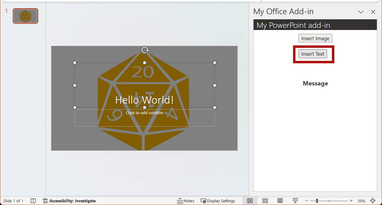 The selected PowerPoint title slide with the Insert Text button highlighted in the add-in.