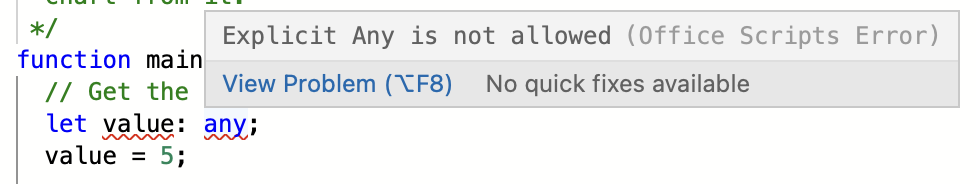 The explicit `any` message in the code editor's hover text.