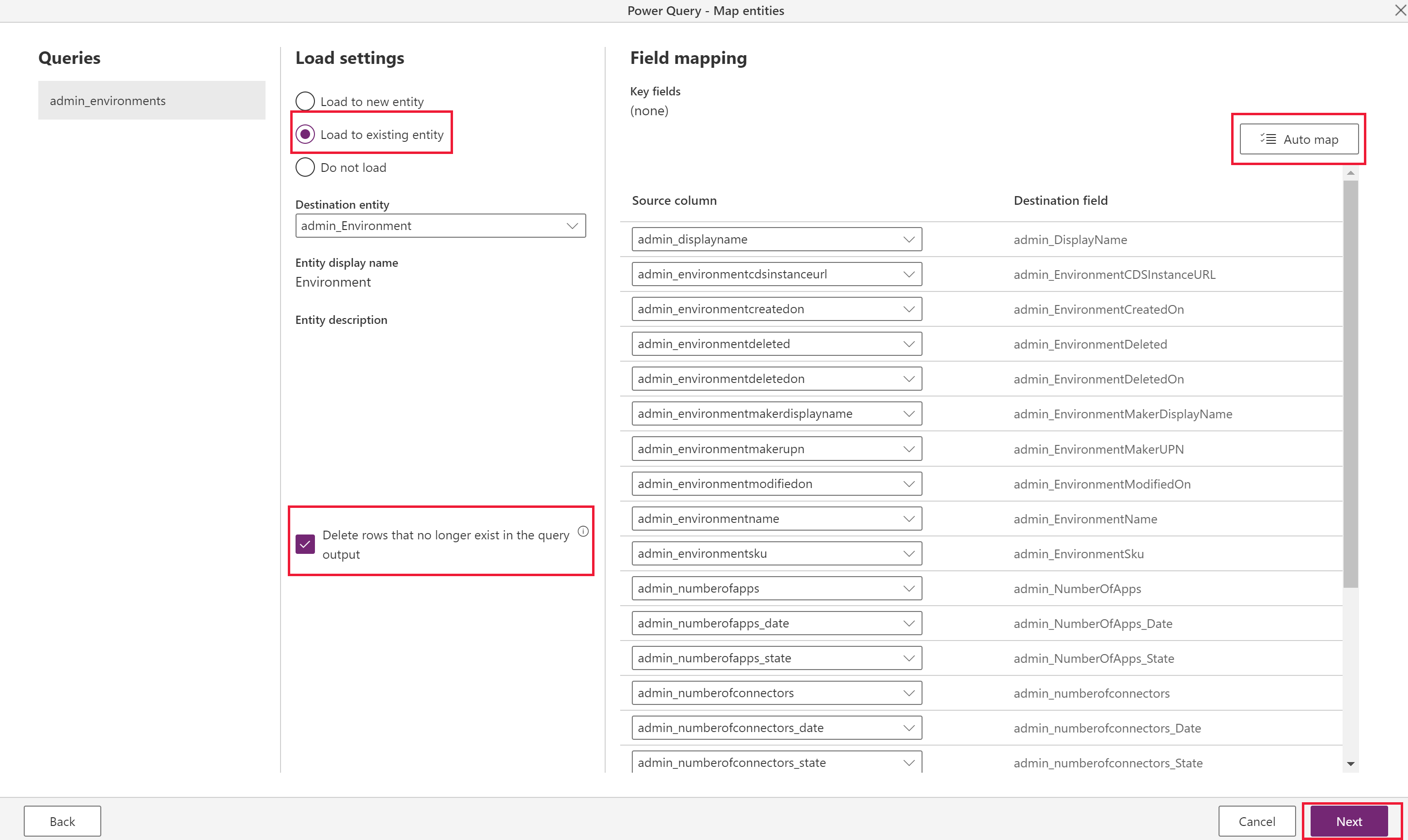 Screenshot of the map tables configuration page for mapping source tables to the target environment.