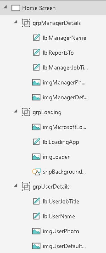 Skærmbillede af navigationsvisningen, der viser kontrolelementnavne efter det beskrevne mønster.
