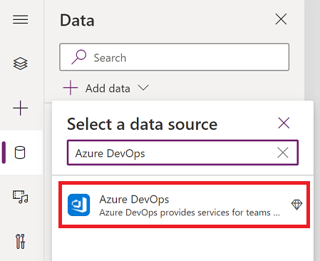 Skærmbillede af oprettelse af forbindelse til Azure DevOps i ruden til valg af datakilde.
