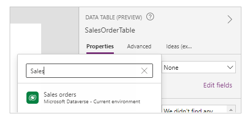 Vælg tabellen Sales order.