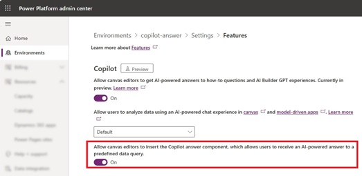 Slå Copilot svarkontrol til i Power Platform administrationscenter