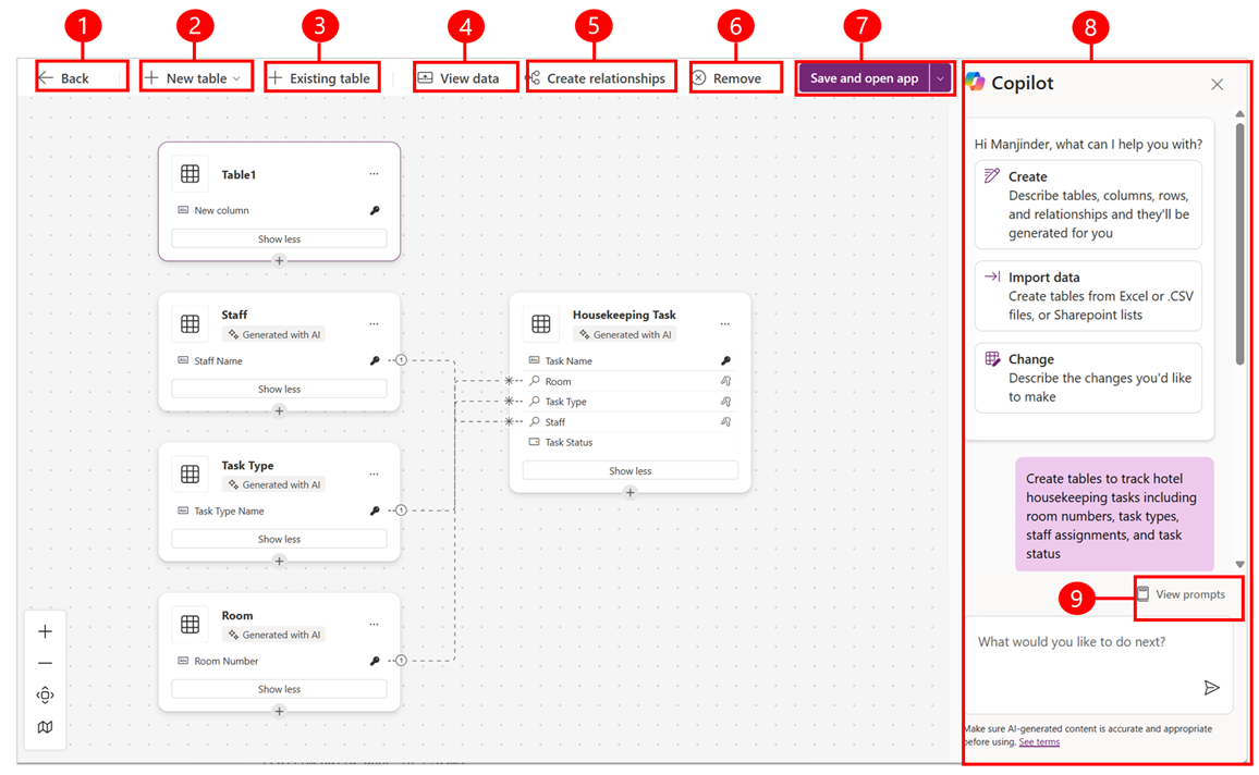 Skærmbillede af arbejdsområdet Opret nye tabeller, der viser Dataverse-tabeller og panelet Copilot.