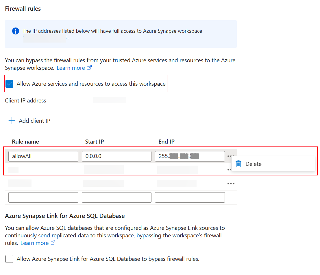 Azure Synapse indstillinger for arbejdsområdenetværk