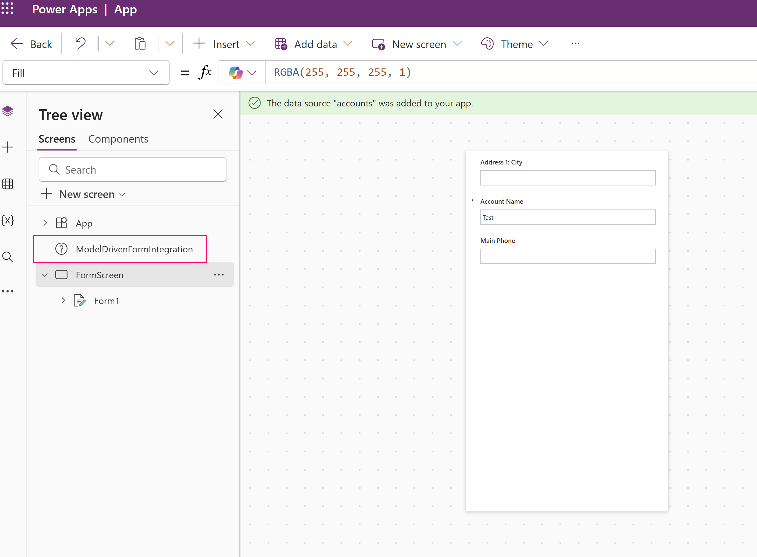 kontrolelementet Modeldrivenformintegration i Power Apps Studio