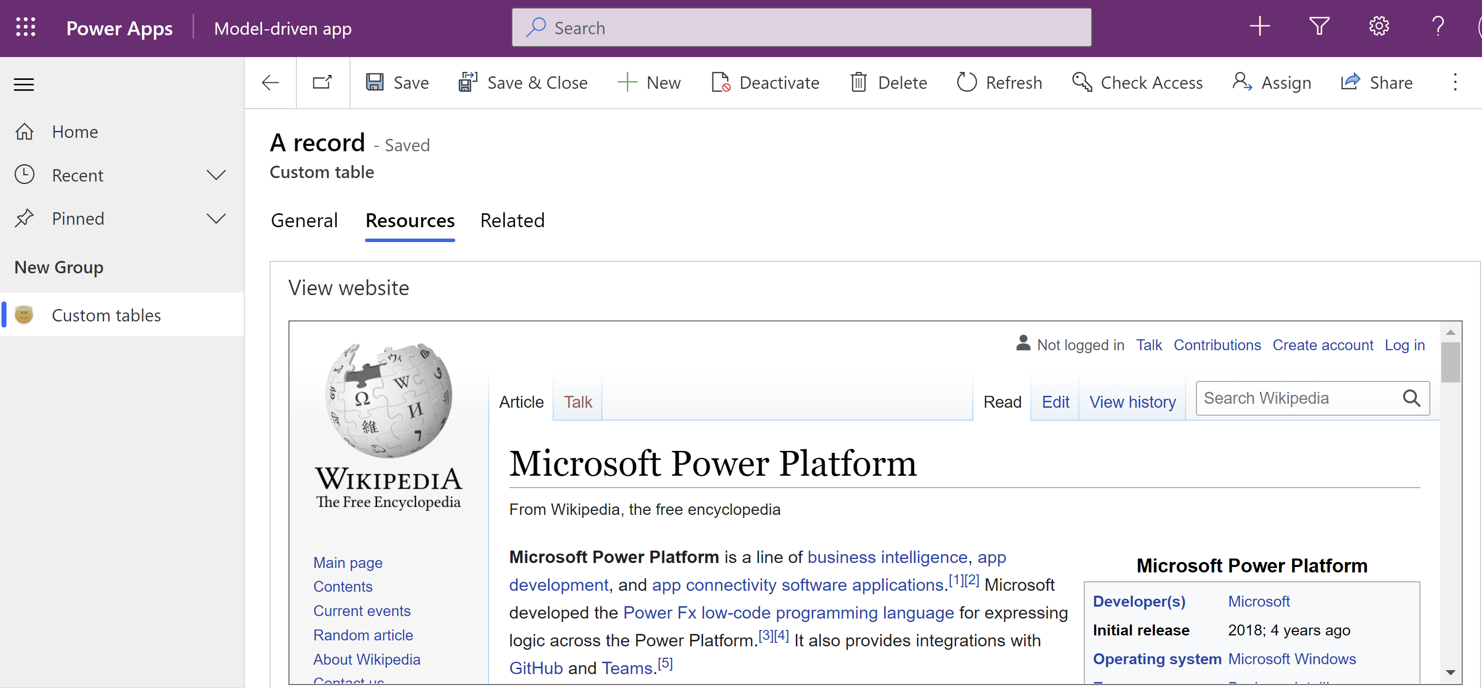 Iframe, der viser en webside i en modeldrevet app
