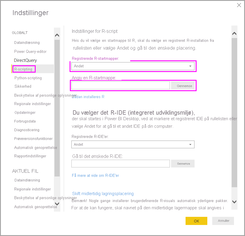 Skærmbillede af dialogboksen Indstillinger, der viser indstillinger for R-script med Angiv en R-startmappe fremhævet.
