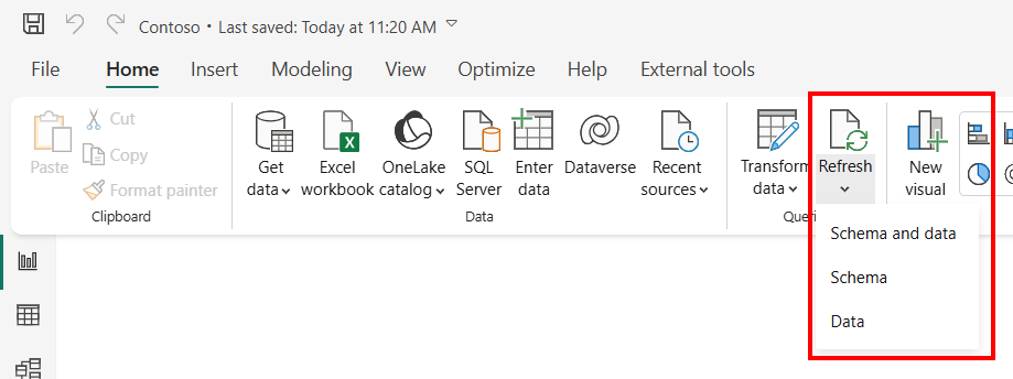 Skærmbillede af indstillinger for opdatering i Power BI Desktop.