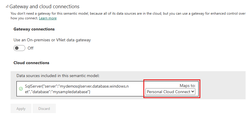 Skærmbillede af gateway- og cloudforbindelsesindstillingerne for en semantisk model. Datakilden er knyttet til en personlig skyforbindelse.